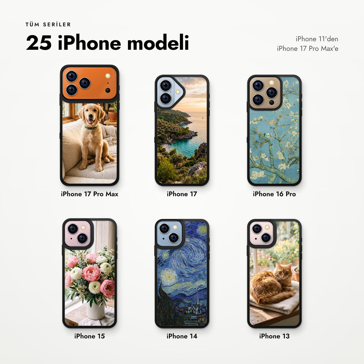 25 iPhone modeli için MagSafe Frame Kılıf: iPhone 17 Pro Max, iPhone 17, iPhone 16 Pro, iPhone 15, iPhone 14 ve iPhone 13 farklı fotoğraflarla.