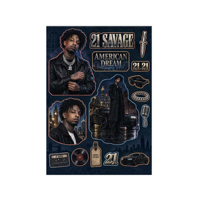 21 Savage A5 sticker seti - dokulu vernikli baskı, sayfanın tamamı