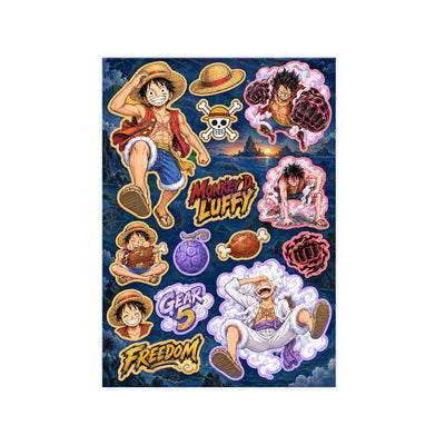 One Piece Luffy A5 sticker seti - dokulu vernikli baskı, sayfanın tamamı