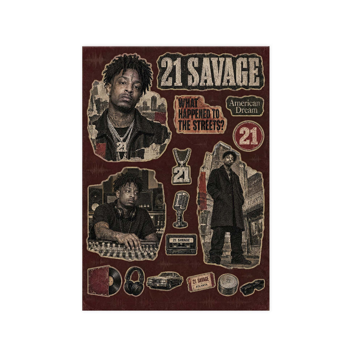 21 Savage American Dream A5 sticker seti - dokulu vernikli baskı, sayfanın tamamı