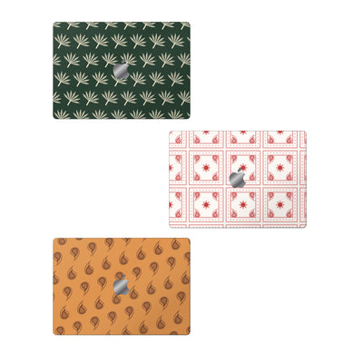 Pattern Play MacBook kaplama – üç farklı tasarım örneği